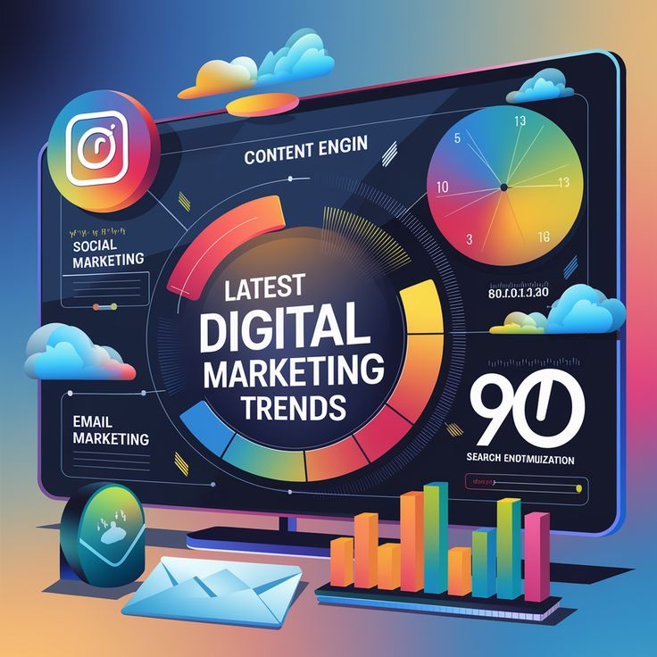 Digital marketing trends 2026 dashboard with social media and data icons.