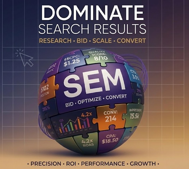SEM puzzle globe showing digital marketing metrics and ROI strategy