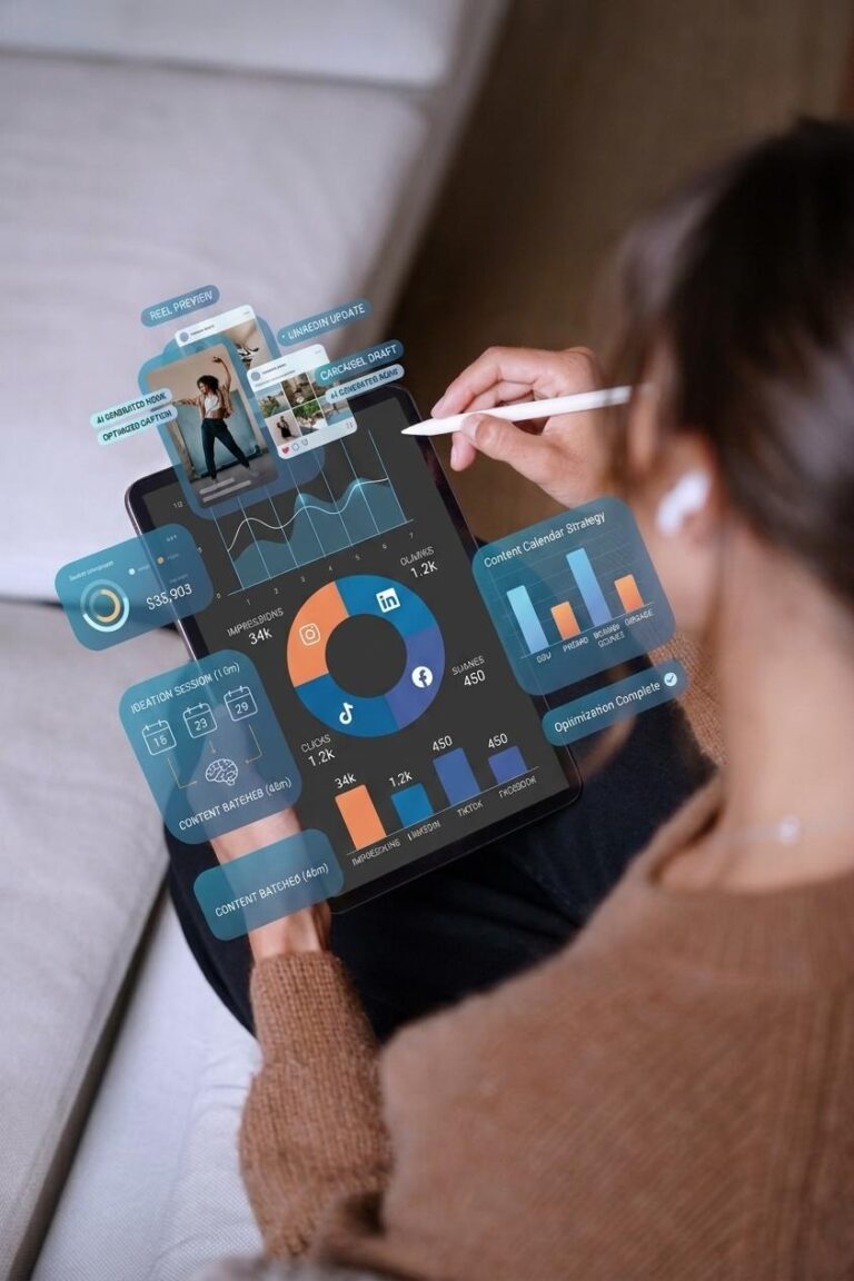 An over-the-shoulder view of a digital marketer in Wayanad using an AI-powered tablet interface with futuristic floating data widgets to manage a social media content calendar and analyze real-time SMM metrics for a small business.