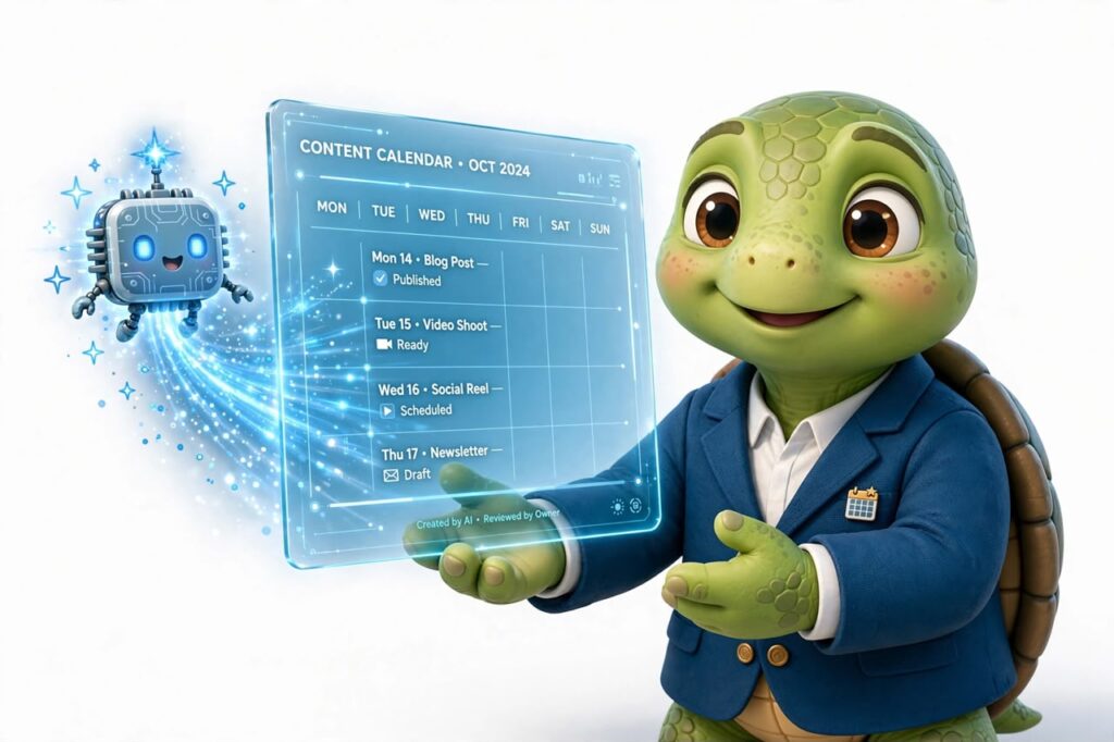 AI content calendar for small business created by AI, reviewed by owner
